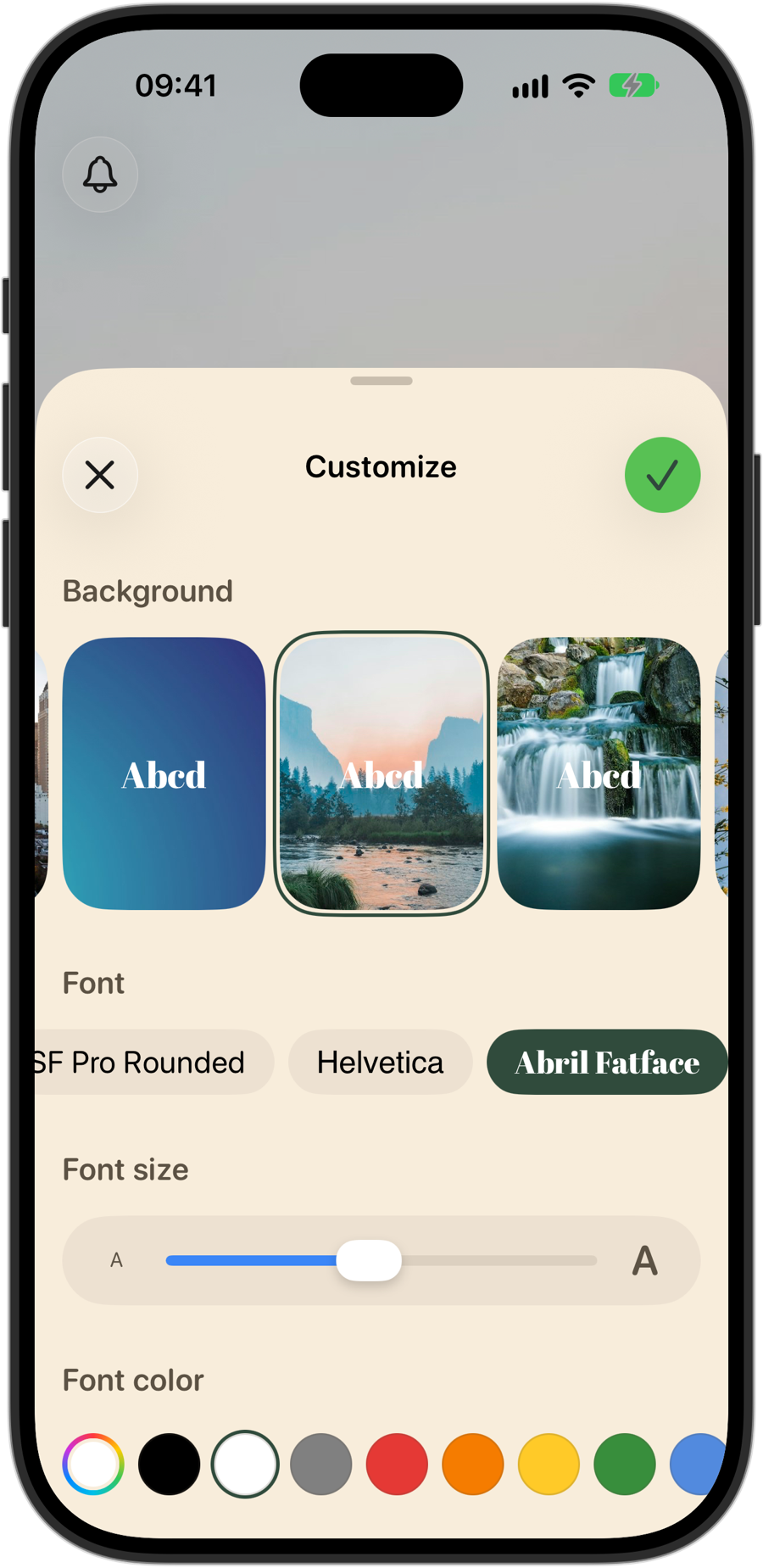 Ephemeral's Customize sheet on iPhone 18 Pro, with background choices, font options, a font size slider and font colors