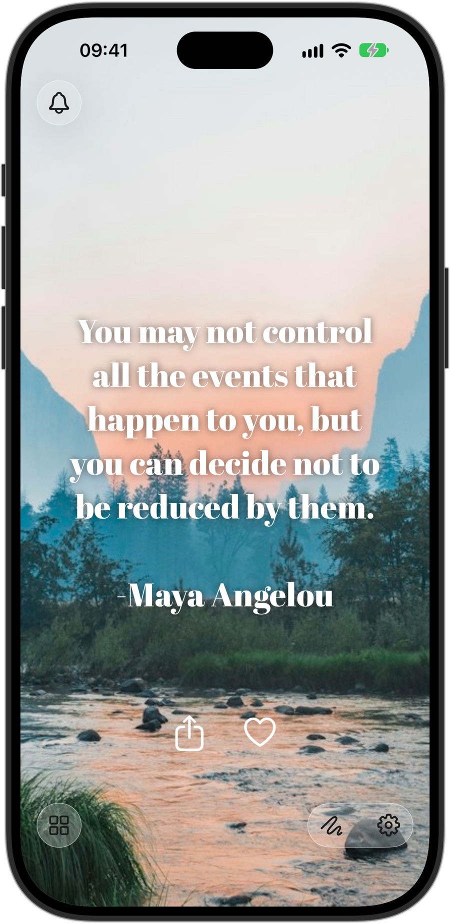 Ephemeral on iPhone 18 Pro showing a quote by Maya Angelou over a misty valley at sunrise, with share and favorite buttons below it